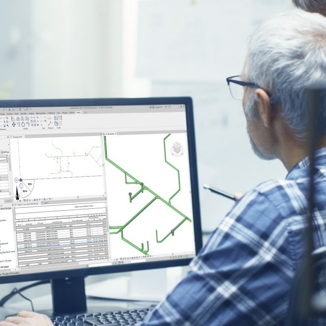 Two Senior Architectural Engineers Working With Building Blueprint on a Personal Computer. They Actively Discuss Various Plans and Schemes.