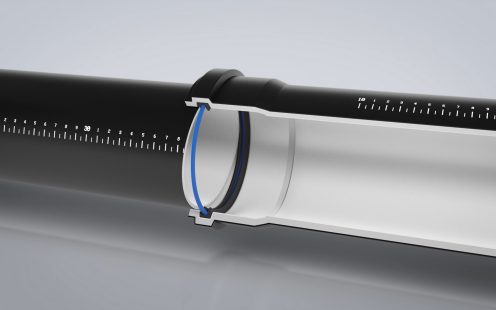 A 3D visualization of a half-cut Master3Plus soil and waste pipe, revealing the white inner layer and the sealing ring | Pipelife 