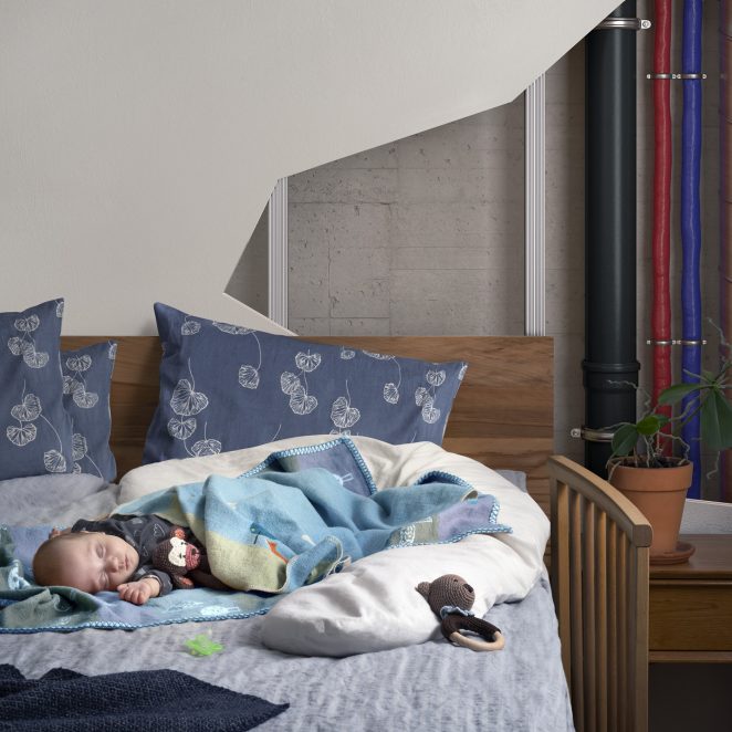 A visualization showing a partially open bedroom wall with several piping systems running through it and a baby sleeping soundly nearby | Pipelife 
