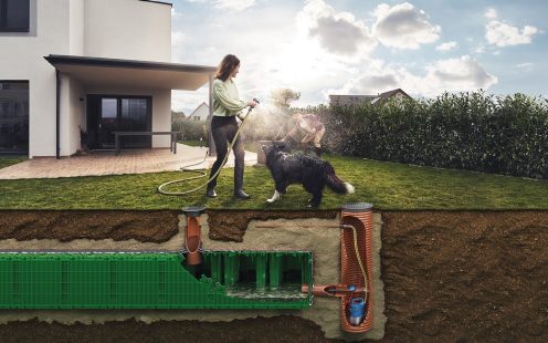 Sustainable Rainwater Management, woman with child and dog in the gartdn