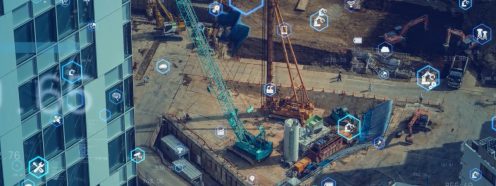 Aerial view of construction site with symbols in hexagons appearing as overlay.